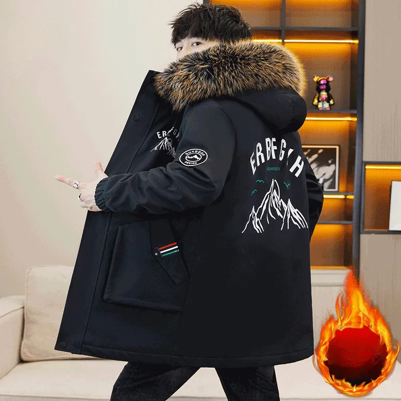 2023 New Men Cotton Coat Winter Jacket Mid-length Loose Parkas Plus Fleece Thicken Warm Outwear Hooded Trend Slim Overcoat