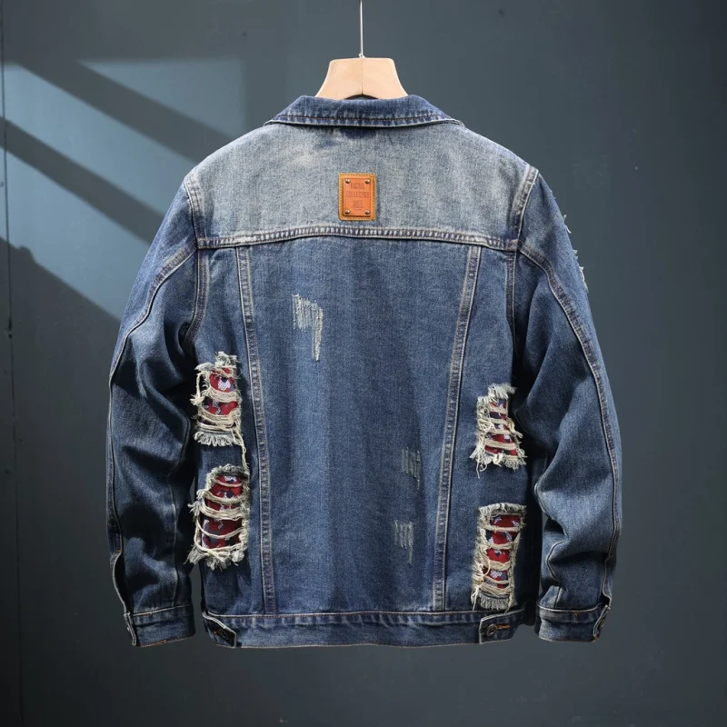 

2024 new fashion holes denim coat men's street trend patch design casual retro motorcycle jacket