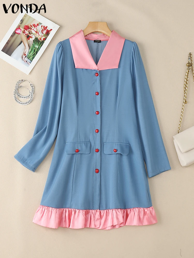 VONDA Mode Mini Kleid Frauen Langarm Farbe Patchwork Casual Party Kurze Vestidos 2026 Revers Frühling Rüschen Elegante Robe