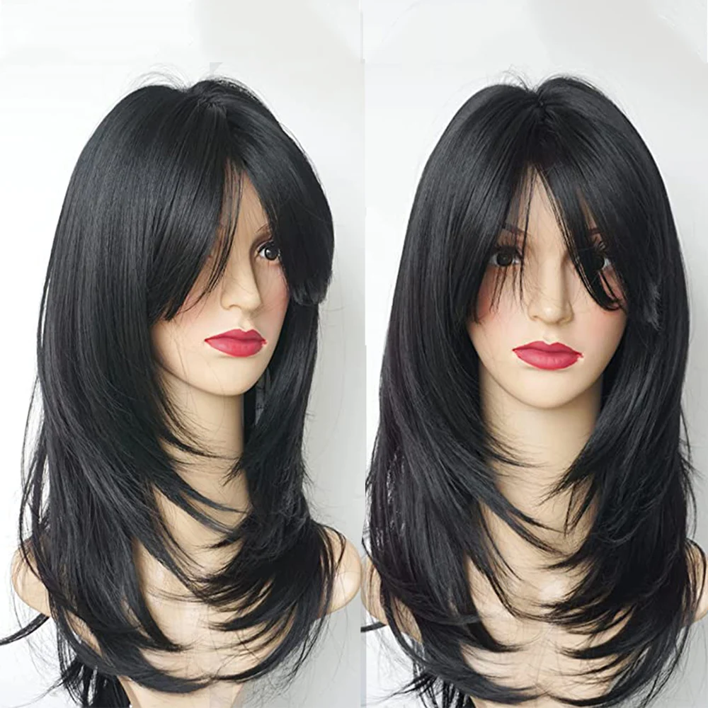 WHIMSICAL W Natural Black Long Wavy Synthetic Wig with Bangs for Women Daily Cosplay Heat Resistant Fiber Wigs