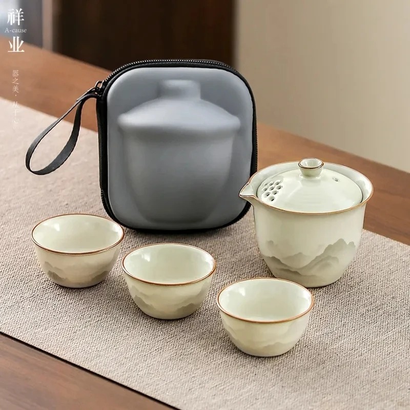 Portable Travel Tea Set Kung Fu Ceramic Brewing Tea Handy Pot Cup Outdoor Carry-on Quickie Cups