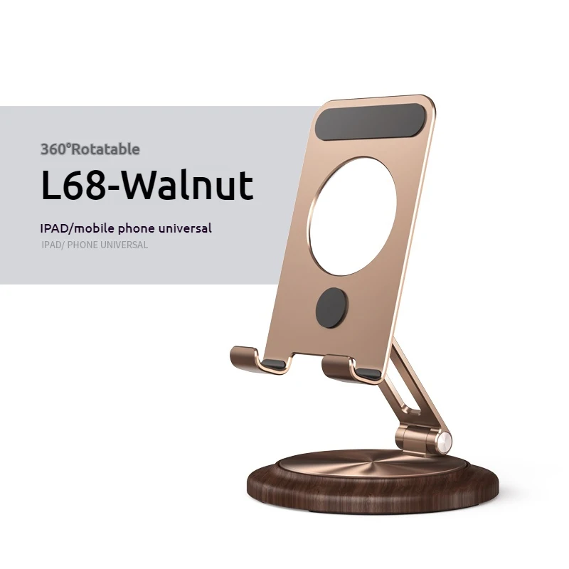 Boneruy L68 Tablet Stand 360°Rotating Portable Folding Aluminum Alloy Phone holder Solid Wood Base Phone Stand for Phone/Tablet