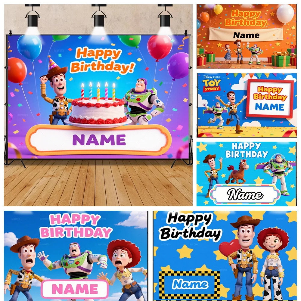 

Custom Name Toy Story Buzz Lightyear Woody Photo Backdrop Children's Birthday Party Decoration Supplies Home Wall Decor Poster