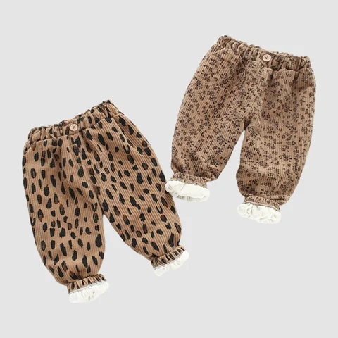 여자 레오파드 꽃 프린트 코듀로이 바지 두꺼운 양털 안감 겨울 따뜻한 바지 탄성 커프 1-8Y Kids