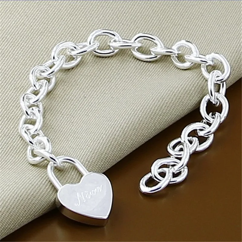 New 925 Sterling Silver Bracelet Heart Card Round Card Lock Pendant Bracelet Lobster Clasp DIY Chain For Women Men' Jewelry Gif