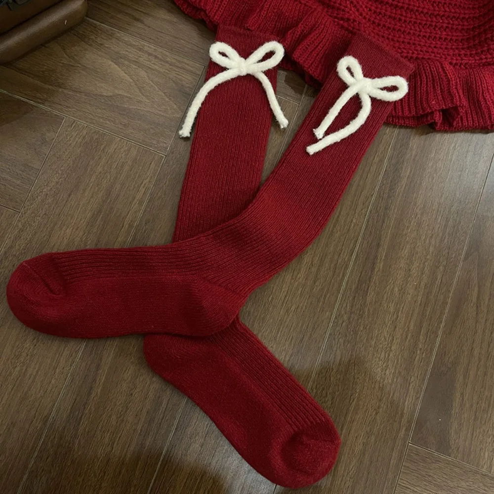 Breathable Winter Compression Stocking Casual Bowknot Female Hosiery Cashmere Sweat-absorbing Bow Middle Tube Socks