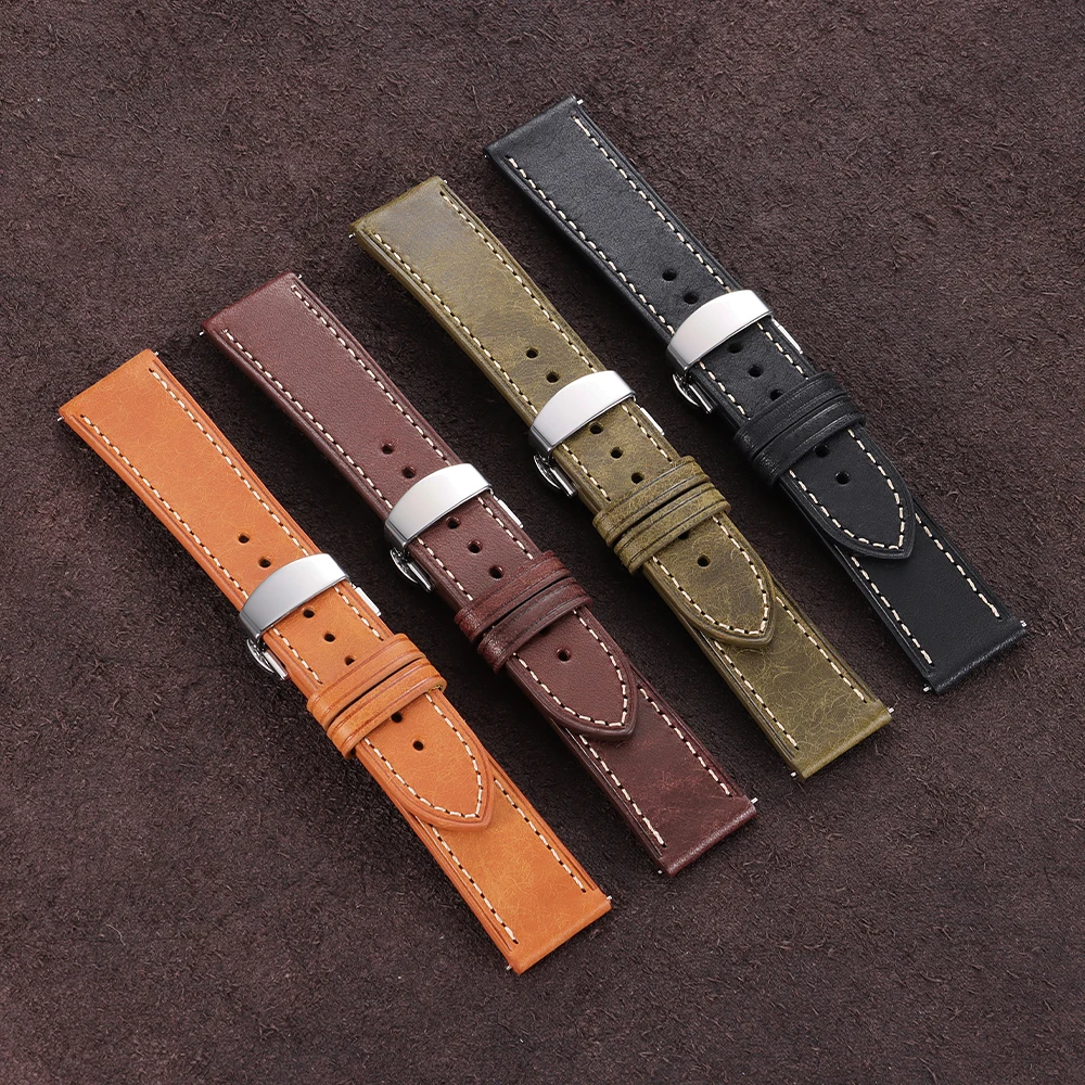 High-Quality Genuine Leather Watch Band 18/20/22mm Quick-Release Oil-Waxed Leather Butterfly Buckle Watch Straps