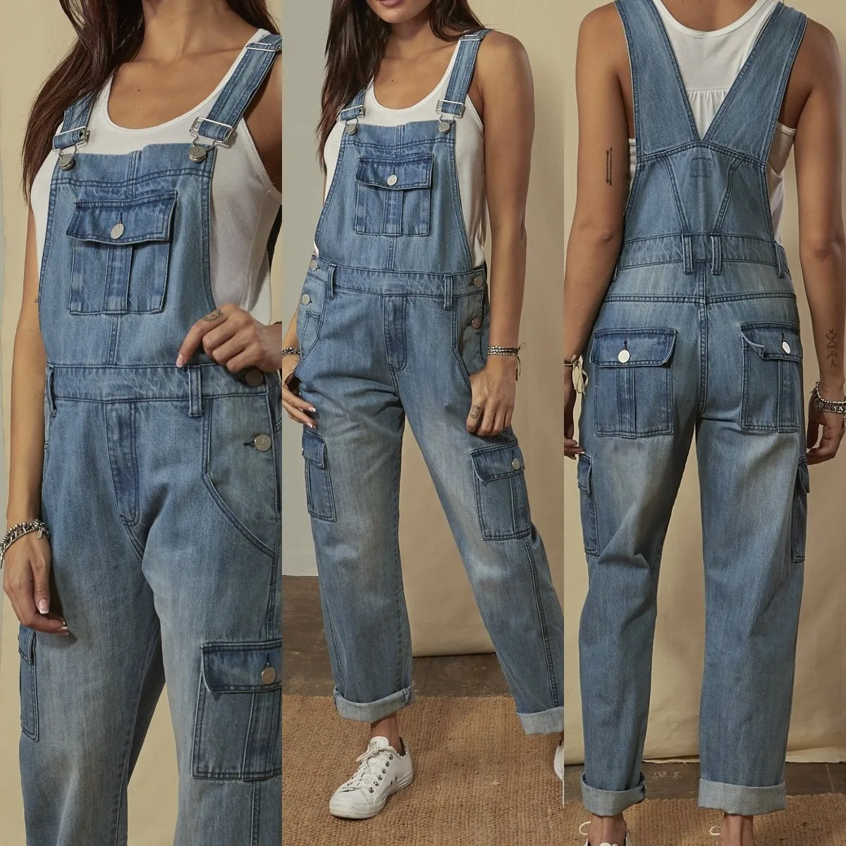 

2026 New Washed Retro Blue Multi Pocket Denim Overalls Trousers Fashion Women's Hole Patched Denim Trousers Female Clothes