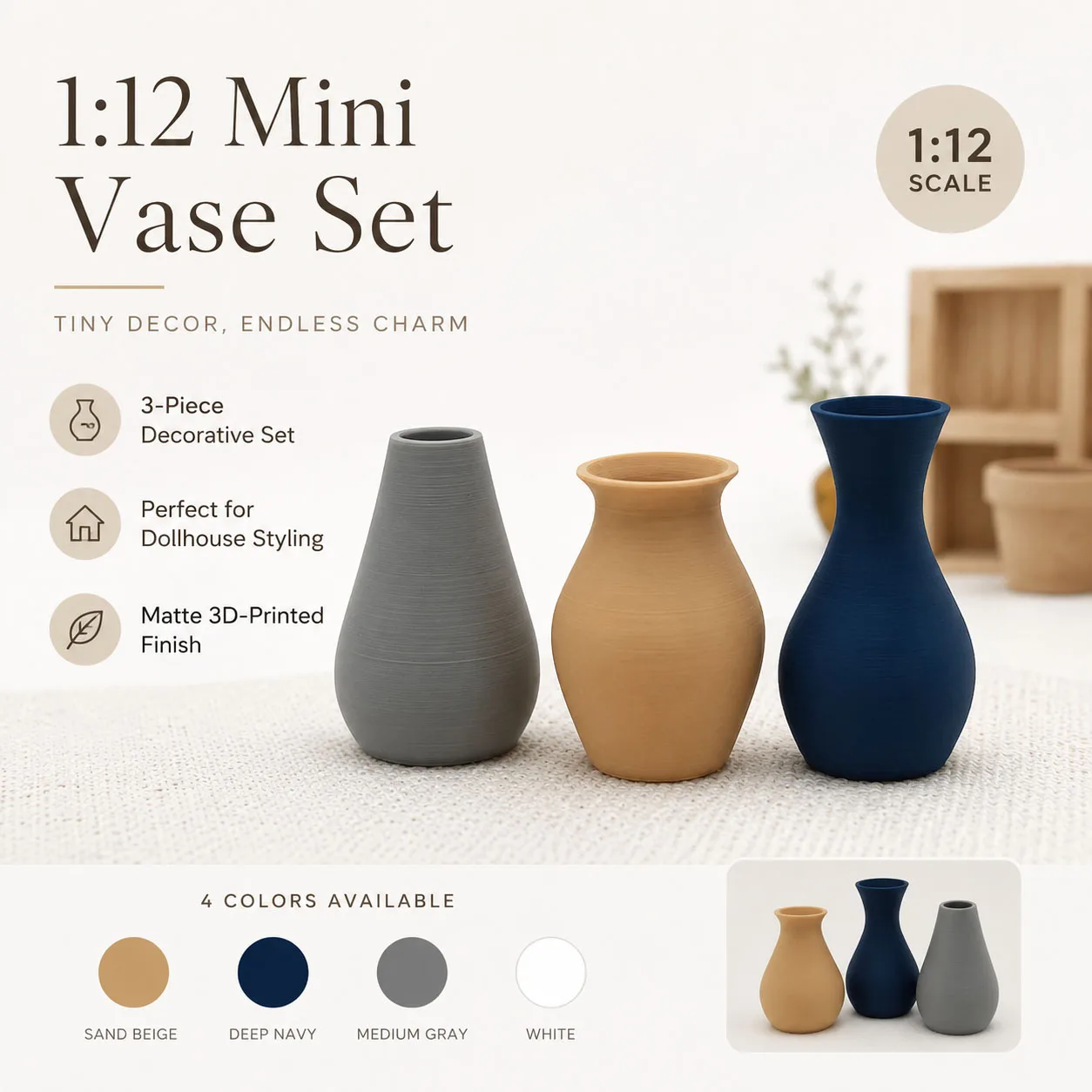 1:12 Mini-Vasen-Set, 3-teilig, Blumentopf-Dekoration für Puppenhäuser, 3D-gedruckte matte Miniatur-Wohnzimmer-Accessoires, 4 Farboptionen – Detail 1