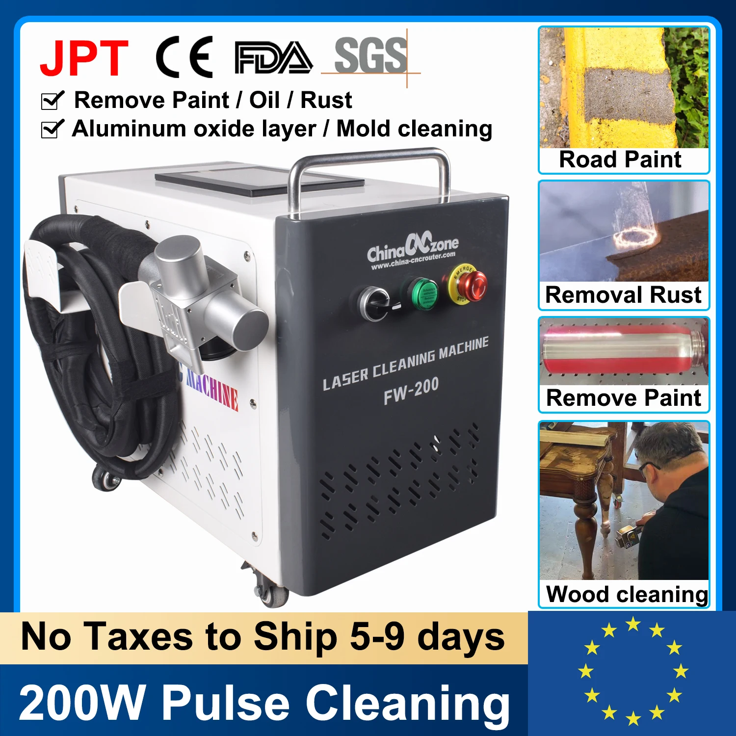 200W JPT Pulsed Laser Cleaning Machine For Remove Rust Oil Paint Metal Wood Air Cool Laser Aluminum oxide layer Model Cleaning