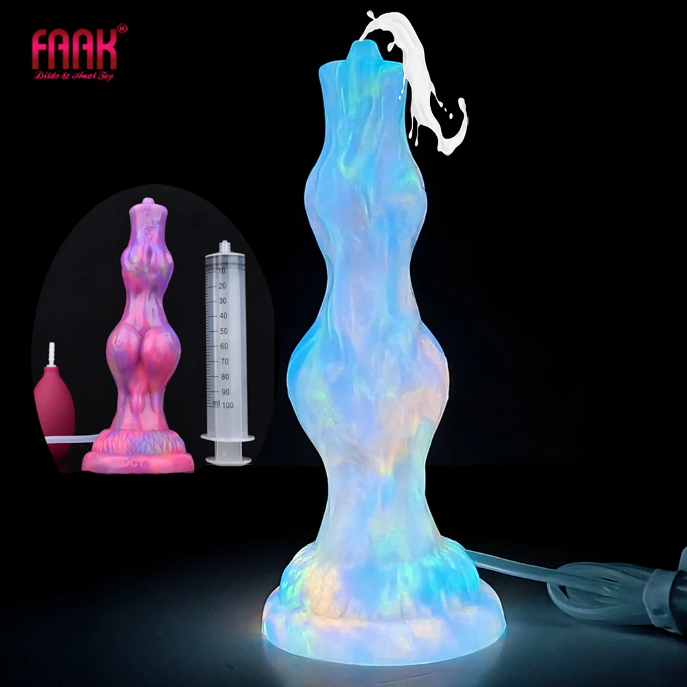 

FAAK Silicone Luminous Squirting Penis Fantasy wolf Knot Ejaculation Dildo Anal Beads Glowing in Dark Sex Toys For Women