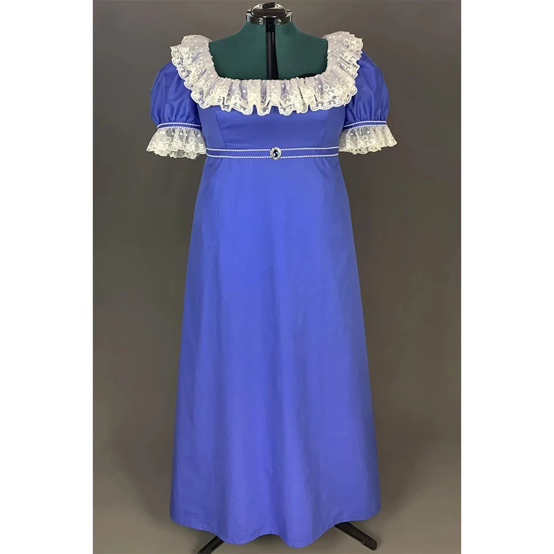 

Custom Made Regency Era Blue Fabric With Lace Dress Historian Jane Austen High Waistline Gown