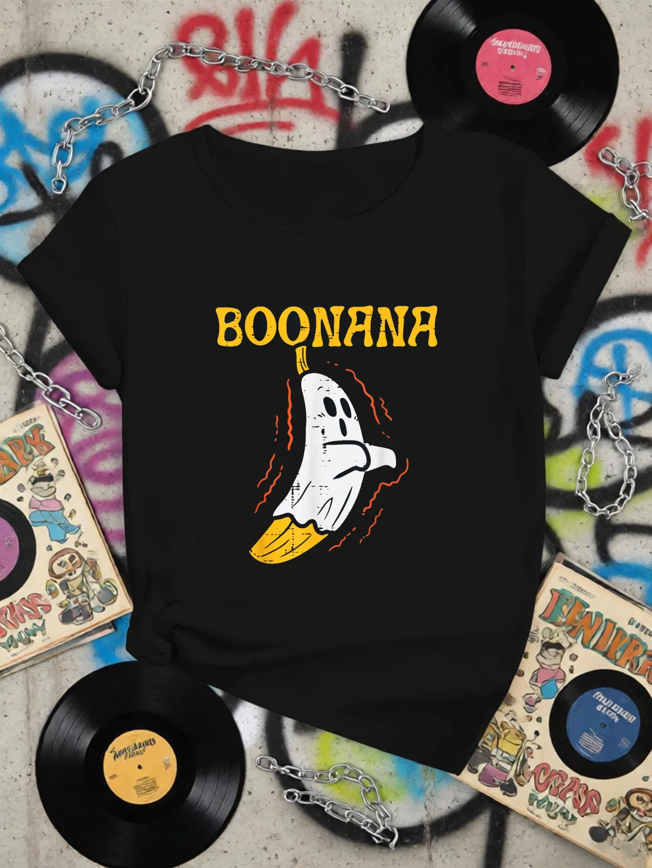 Boonana Banana Graphic Print Women Tee Harajuku Soft Crew Neck Short Sleeve Tee for Halloween Party Outfit Casual Wear Women Tee