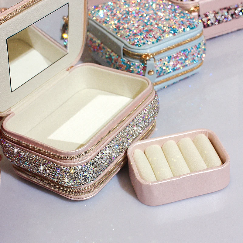 Diamond-set Double Zipper Jewelry Portable Storage Box With Mirror Ring Earrings Necklace Rhinestones Case Lipstick Makeup