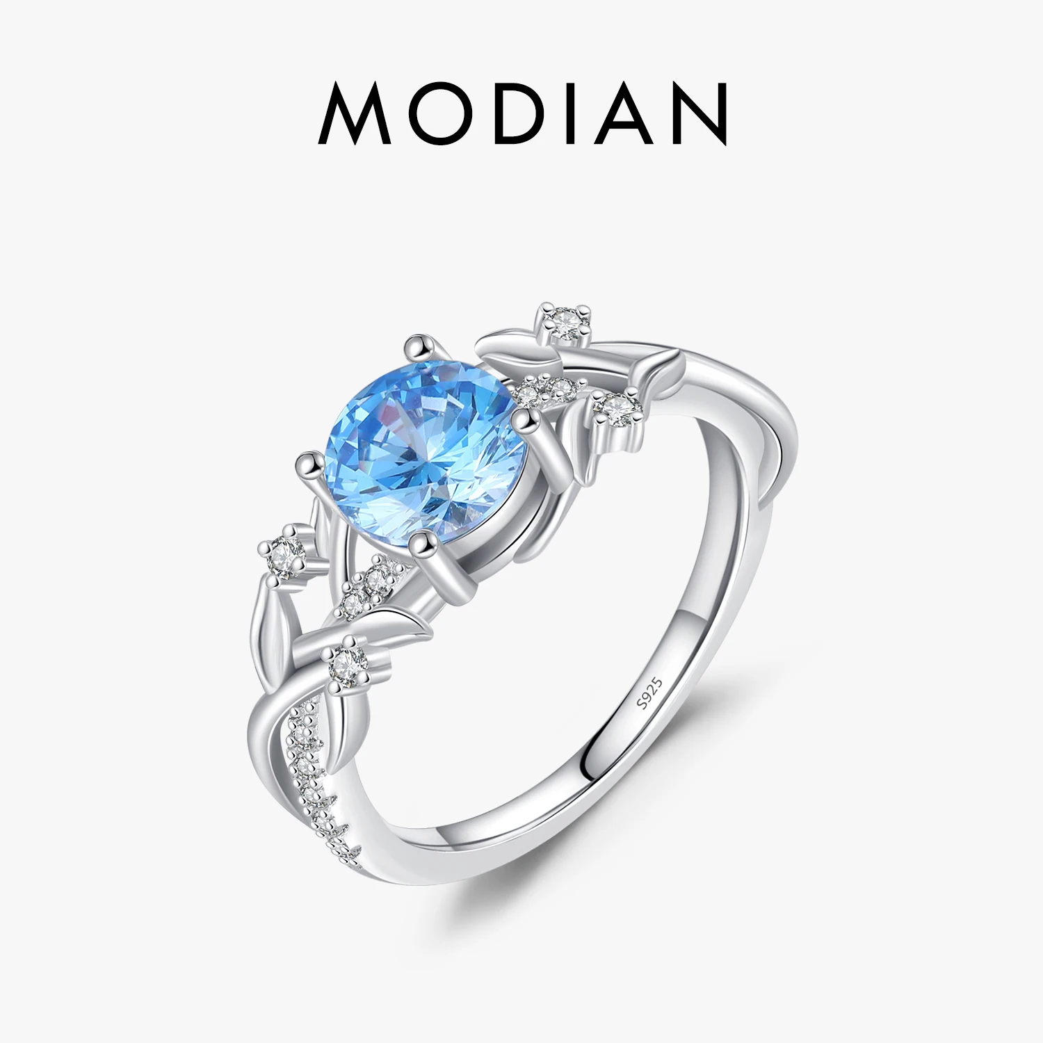 MODIAN 925 Sterling Silver Leaves Pattern Line Ring Round Ocean ​​Blue CZ Party Vacation Rings For Women Fine Jewelry