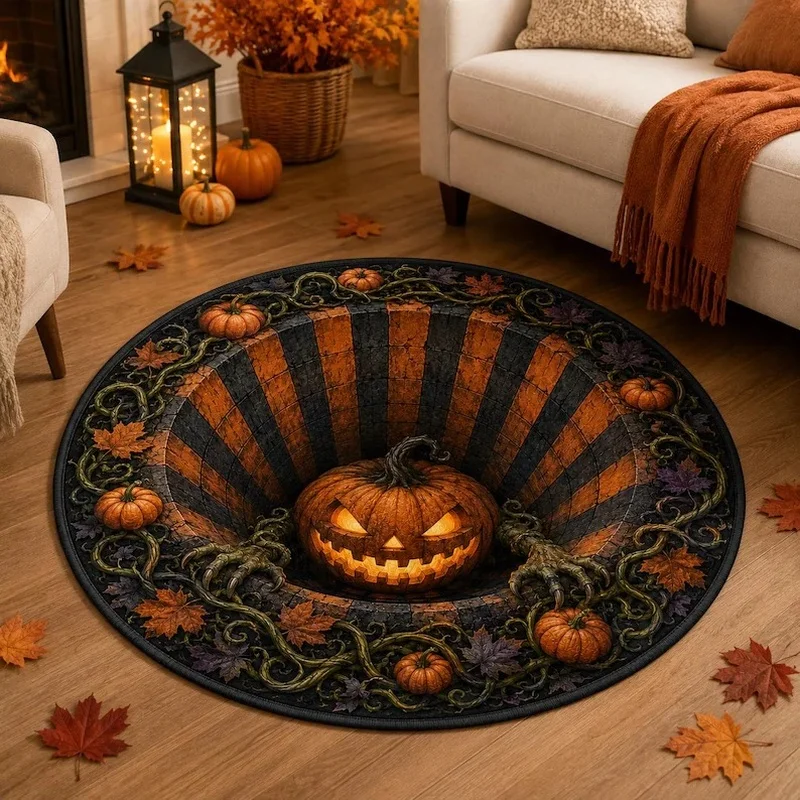 Halloween Home Decor Round Carpet Non Slip Floor Rug Pumpkin Jack O Lantern Maple Leaf Pattern Indoor Party