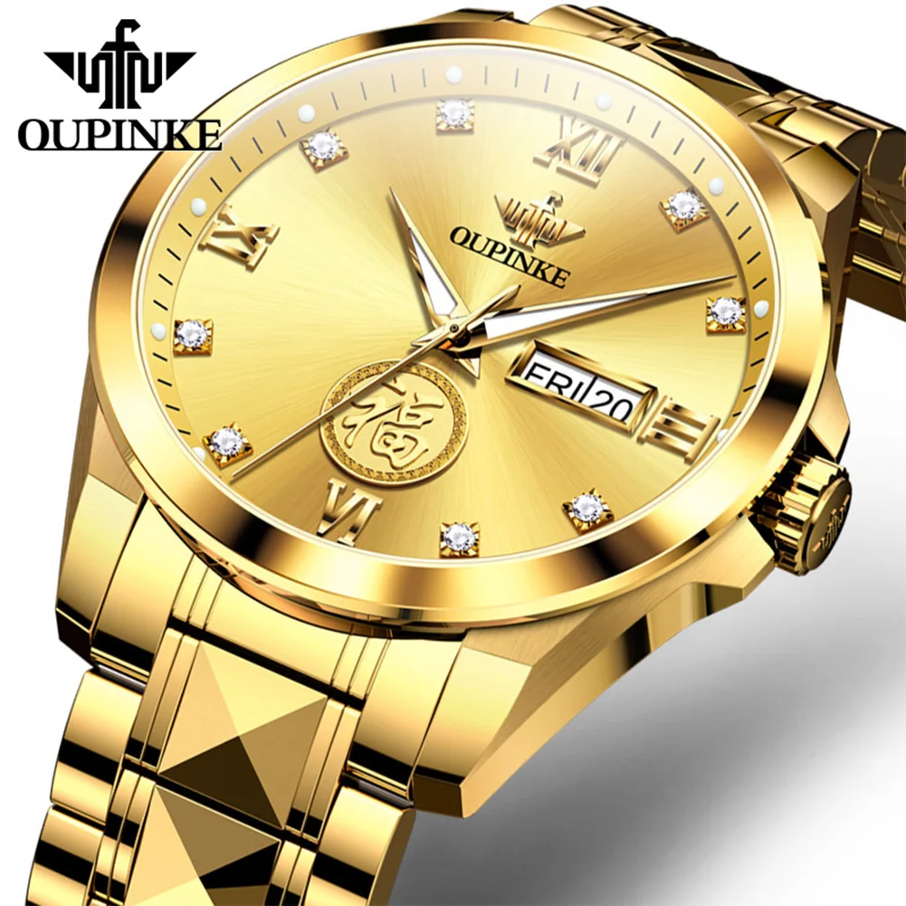 100% OUPINKE 3305 Authentic Men Watch Tungsten Steel Watch Real Gold Diamond Luxury High end Gold Carving Men's Mechanical Watch