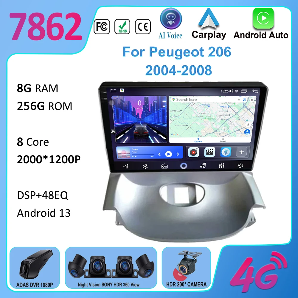 Car Android 13 For Peugeot 206 2004 - 2008 Car Radio Video Player GPS Navigation Head Unit QLED Carplay 4G WIFI BT No 2 Din DVD