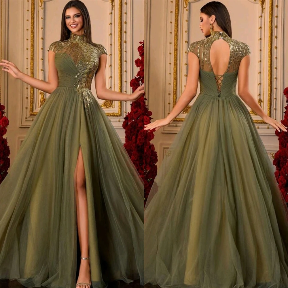 

Customized Formal Organza High Collar Evening Dress Exquisite Sequined Prom Dresses Delicate Front Slit Special Occasion Gowns