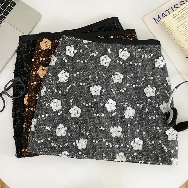 Women Brown A-line Mini Wrap Skirt Vintage Sequins Skirt Harajuku Korean Style Y2k Short Skirts 2000s Clothes Spring Summer 2026