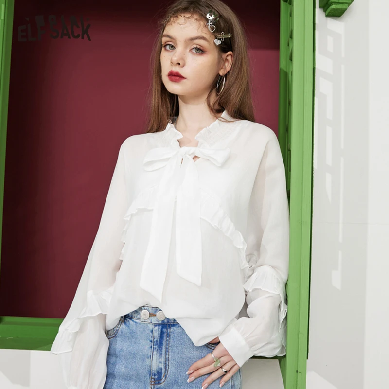 ELFSACK White French Ruffled Chiffon Blouses Women 2023 Spring Long Sleeve Basic Tops