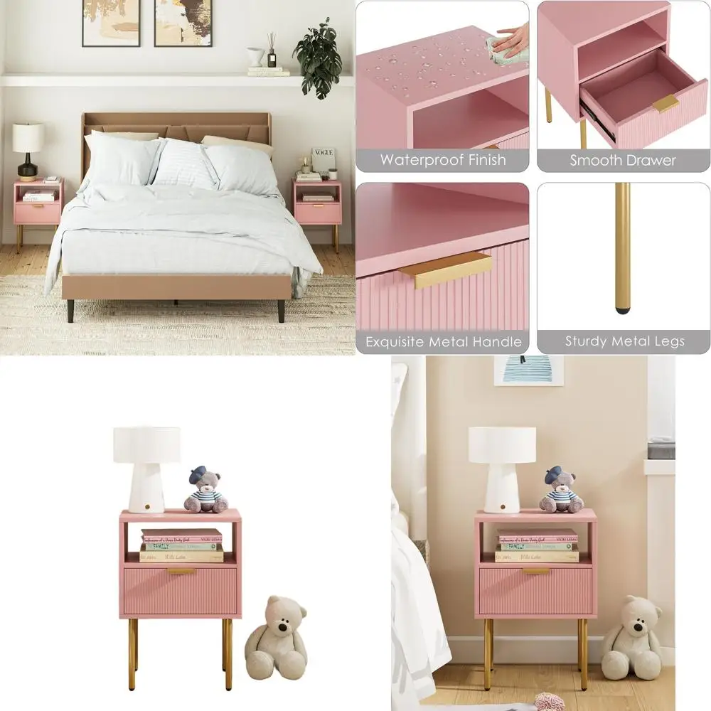

Современная прикроватная тумбочка с золотой рамой, розовым ящиком и полкой для спальни и гостиной