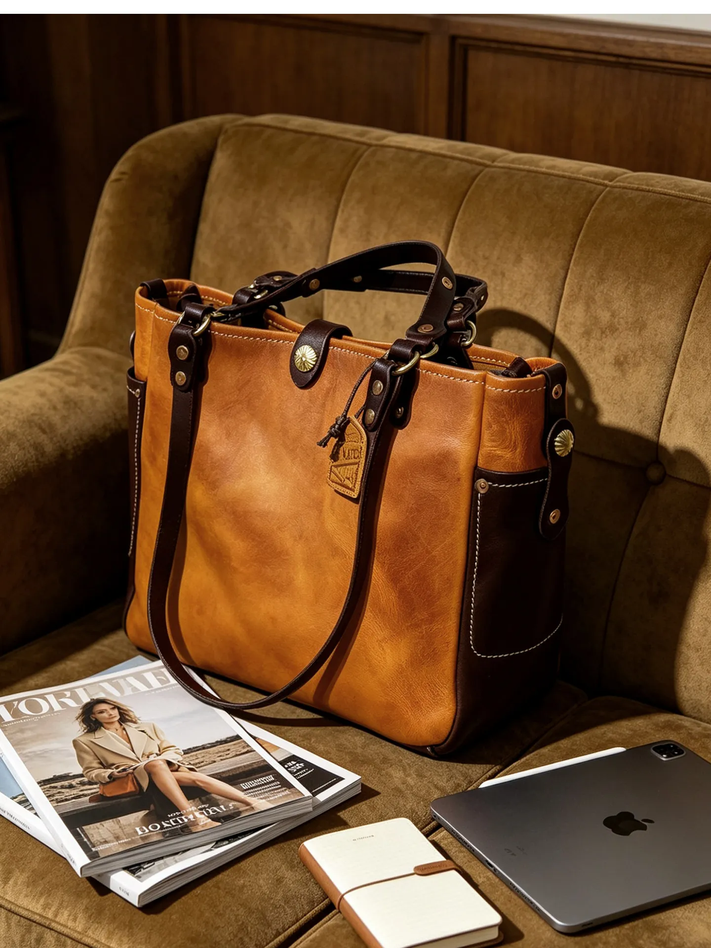 Vintage Designer Handgefertigte Arbeits-Tragetasche aus pflanzlich gegerbtem Rindsleder für Herren, Business Casual Luxus Naturleder Handtasche – Detail 3
