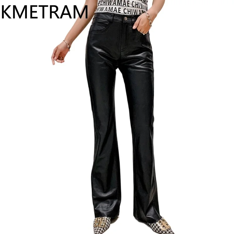 KMETRAM 100% toplaag van koeienhuid damesbroek herfst 2025, slanke flare broek, lederen broek, dameskleding,...
