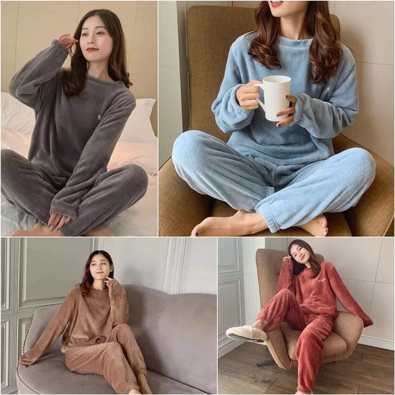 2PCS/Set Women's Pajamas Padded Thickened Warm Coral Velvet Loose Big Yards Solid Color Long-Sleeved Homewear Fall and Winter