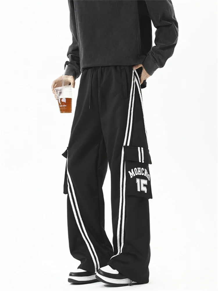 

Trendy American Vibe Men's Casual Loose Wide Leg Straight Tube Long Pants Workwear Trousers with Big kets Sport Sweatpants