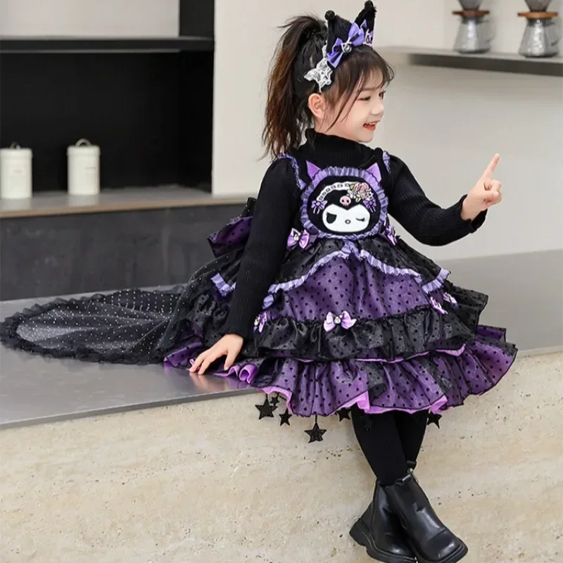 Halloween Sanrio Kuromi Princess Dress Cartoon Cute Girl Lolita Skirt Bow Ceremonial Outfit Cosplay Costume Birthday Party Anime