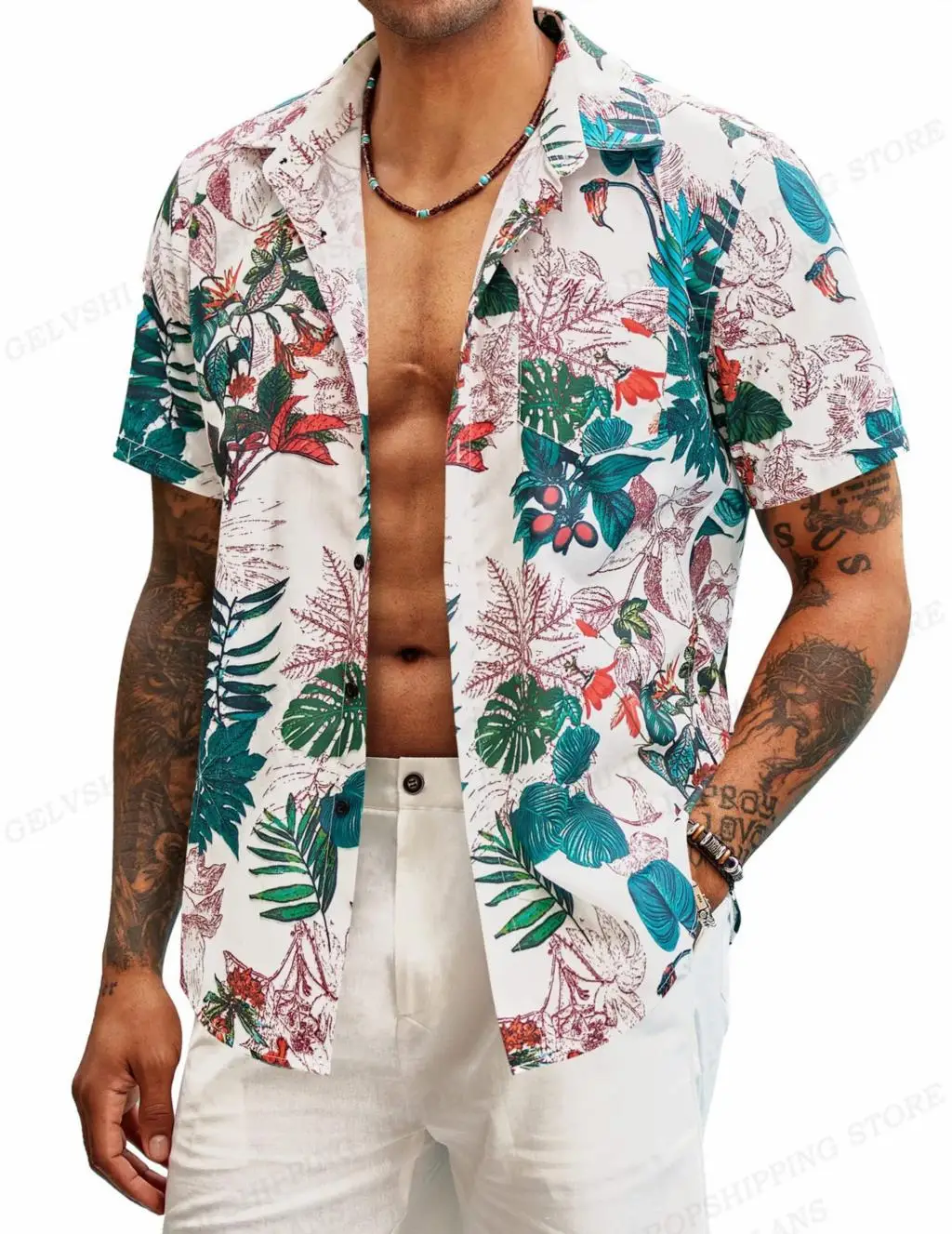 Camisa hawaiana con estampado de flores y plantas para hombre, camisa con solapa Floral, estilo tropical, con botonadura única