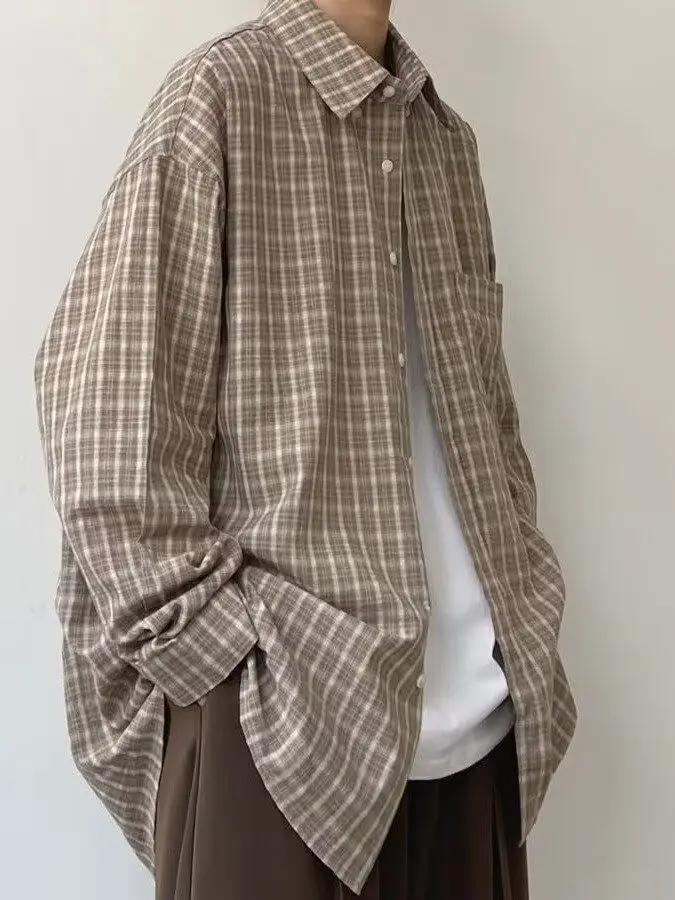 

Brown Plaid Long Sve irt Men's Spring Autumn 2026 New American Retro No Ironing Open Cardigan Sle Casual Faion