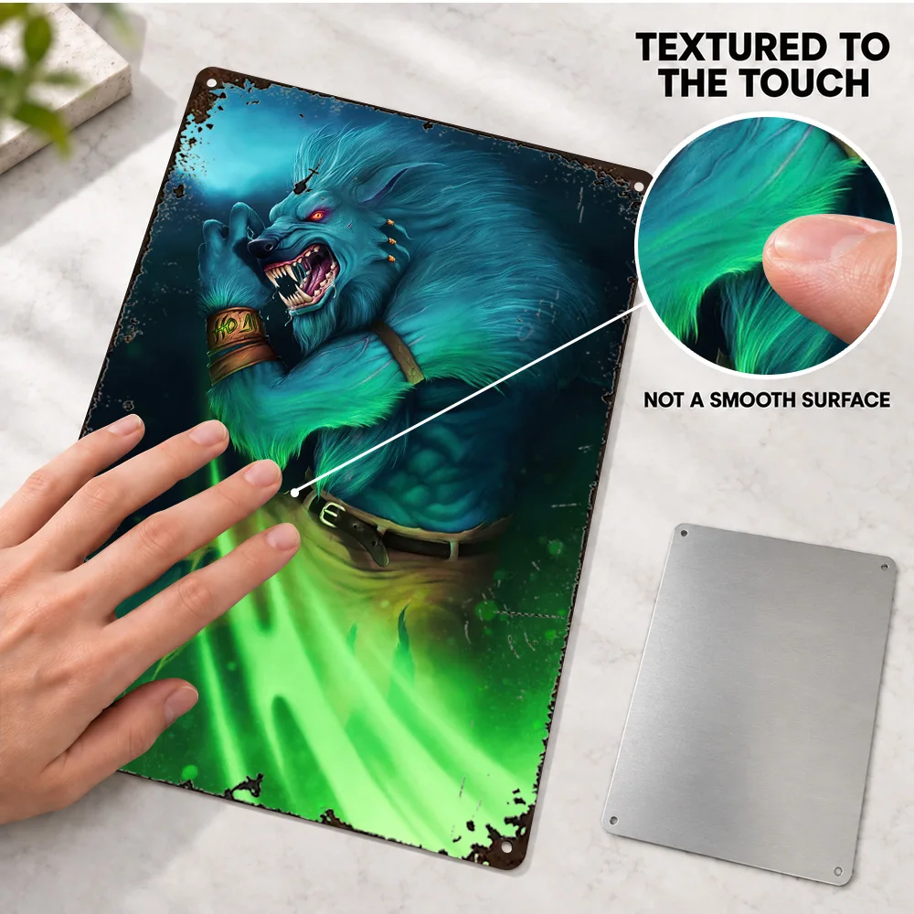 Feral Werewolf With Green Energy Textured Metal Poster Customized Aluminum Sign Snarling Wolf Glow Graphic Wall Art For Bedroom
