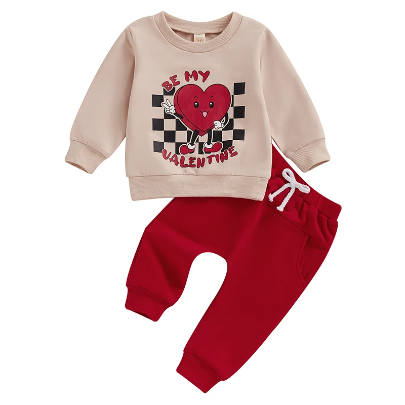 Baby Boys Pants Set Long Sleeve Crew Neck Letters Heart Print Sweatshirt with Elastic Waist Sweatpants Valentine’s Day Outfit