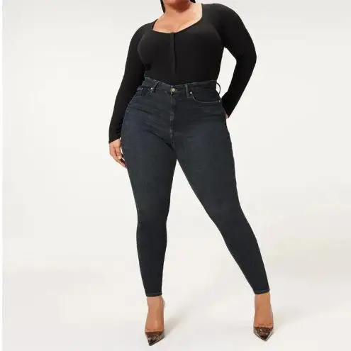 

High Waist Stretchy Women's Skinny Jeans Tear Hole Nine Points Large Size Abdomen Lifting Pants Trendy Black High Elasticity