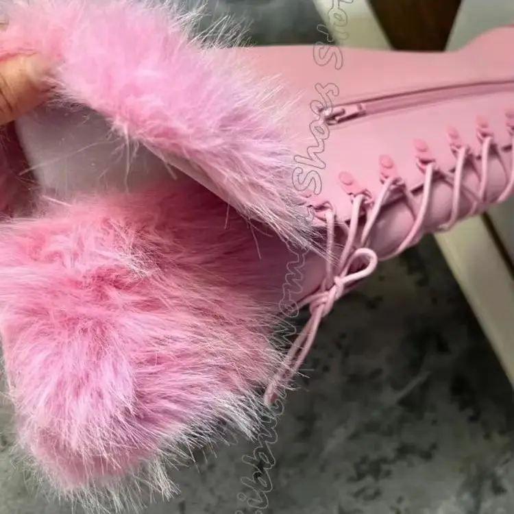 Furry Boots Platform Knee High Leather Zippers Round Toe Chunky Heels Fashion Elegant Concise Sexy Women Shoes New Solid Color