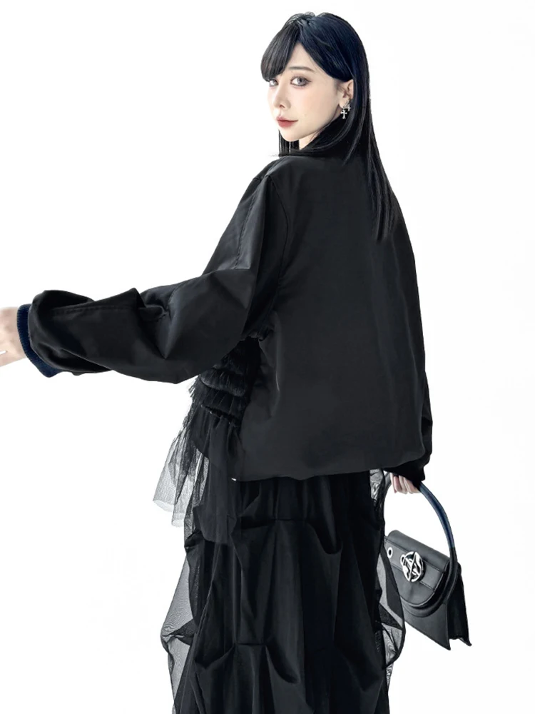 Black Denim Pleated Mesh Spliced Big Size Jacket New V-neck Long Sleeve Women Coat Fashion Tide Spring Autumn