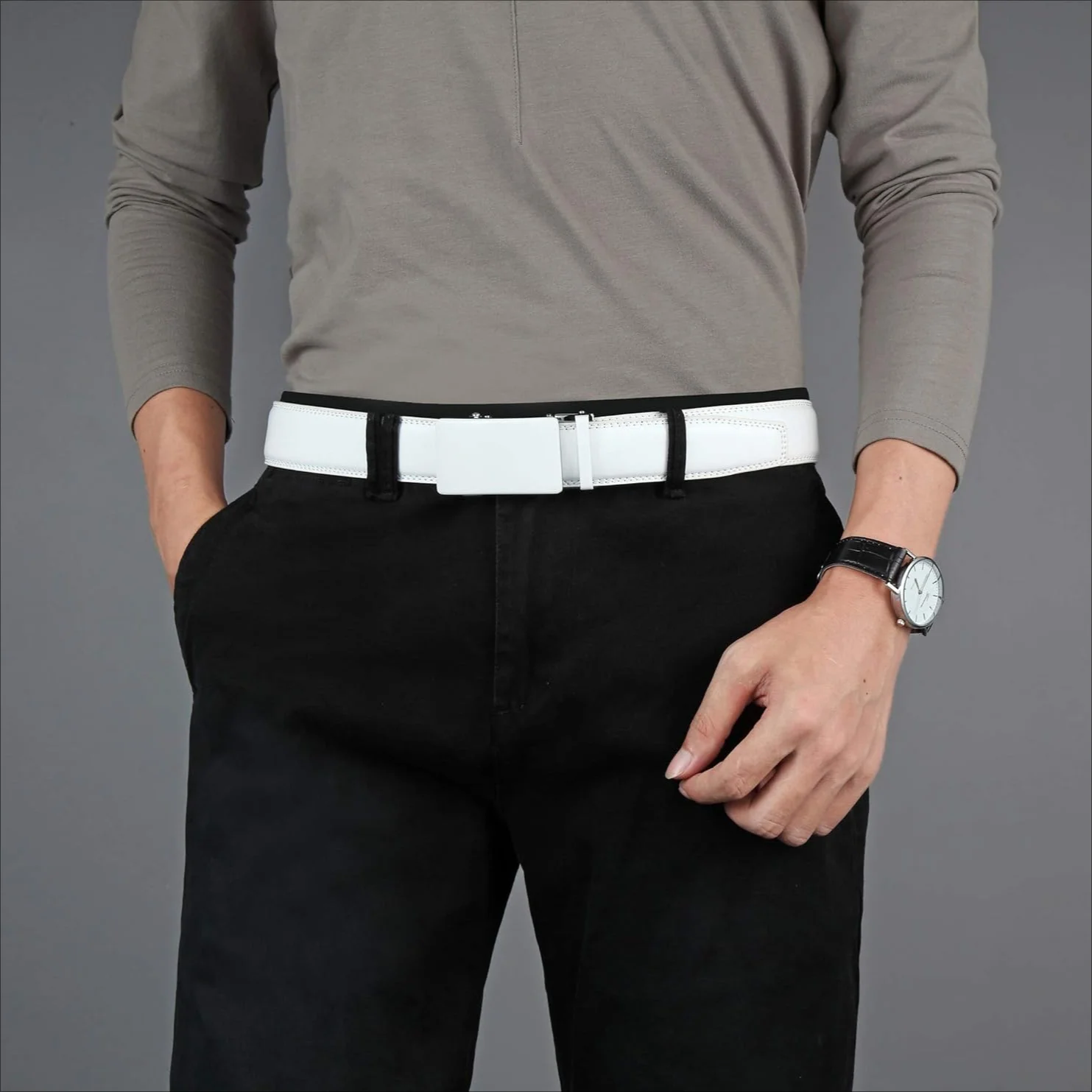 حزام فستان بسقاطة، مع إبزيم تلقائي من الجلد الأبيض للرجال - حزام مناسب بعرض 35 مم