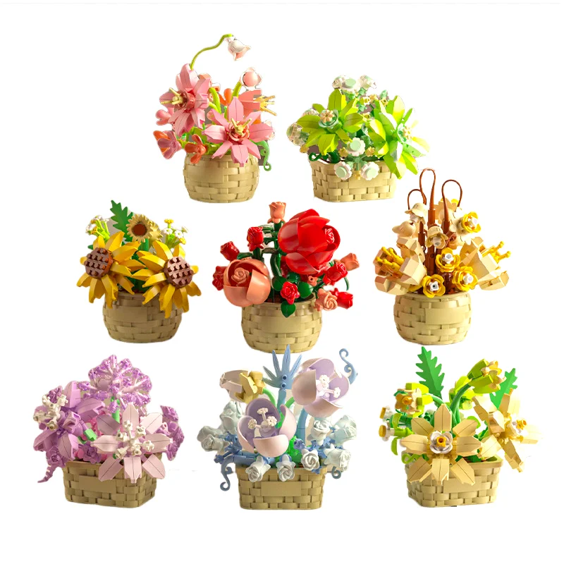 

Eternal Life Flower Rose Basket Potted Plant Flower Baskets Building Blocks Set Flower Ornament Assembled Gifts Valentine's Day