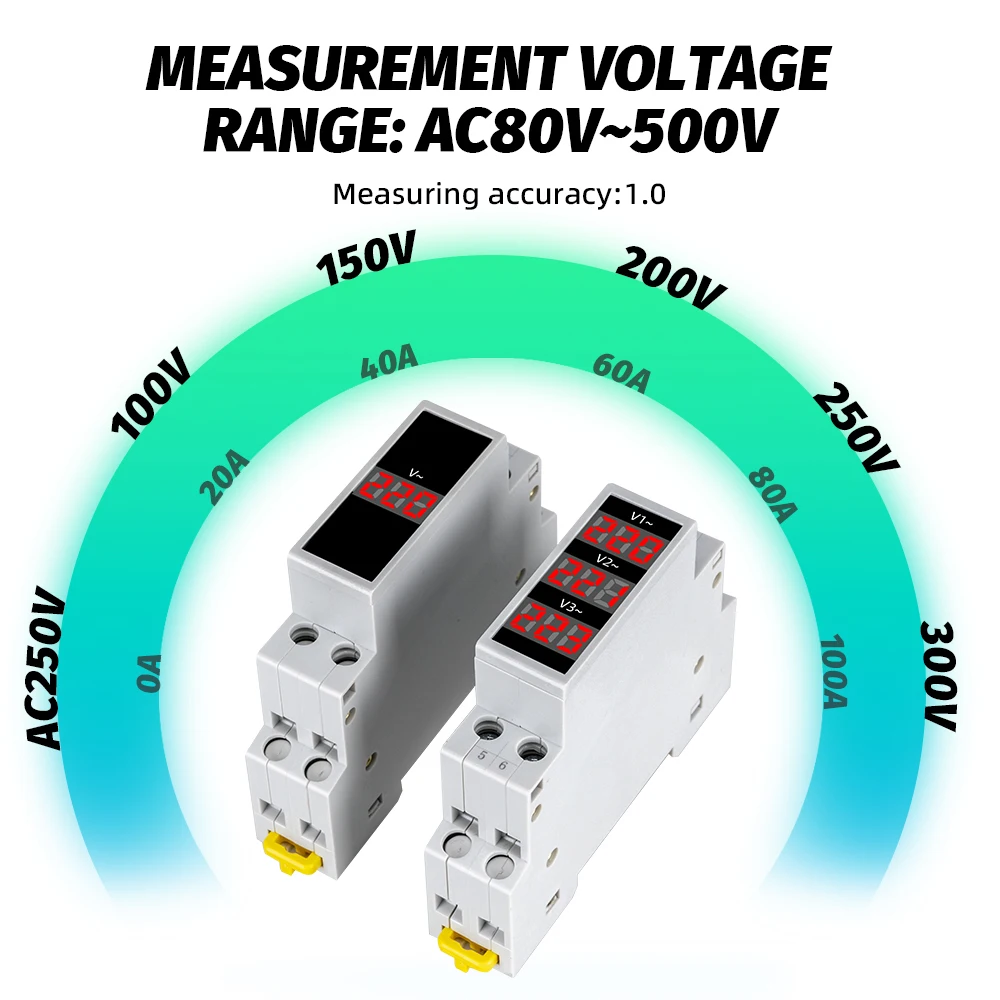 18mm Din Rail AC Voltage Meter  80-500V 220V 380V Single Three Phase Modular Voltmeter Indicator LED Digital Display Detector