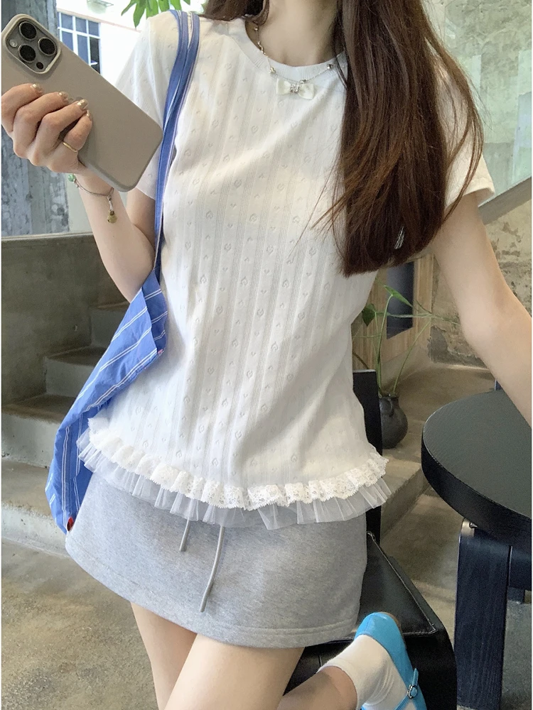 Korean Sle Lace Trim Heart Pattern Knitted ort Sve T-irt Women's Summer Slimming Chic Top Commute Sle Straight Cut