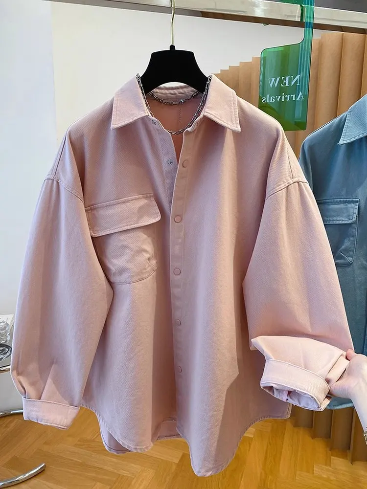 เสื้อคลุมยีนส์สีชมพูแบบเรียบง่ายสำหรับผู้หญิง ทรงหลวม ผ้าฝ้าย แขนยาว กันลม แฟชั่น ฤดูใบไม้ผลิ ฤดูใบไม้ร่วง สินค้ามาใหม่