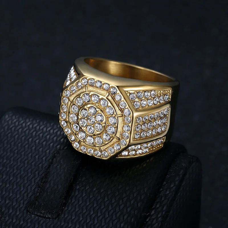 HIP Hop Bling Iced Out Stainless Steel Geometric Octagon Finger Rings for Men Rapper Jewelry Gold Silver Color Drop Shipping view 4