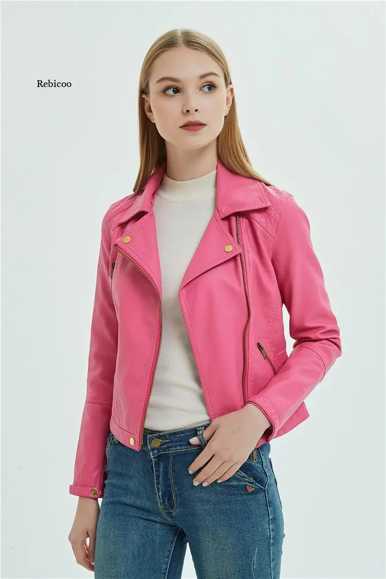 Women Motorcycle Faux Leather Jackets Ladie 2022 New Short Pink PU Jacket Autumn Biker Streetwear Black Slim Zipper Coat