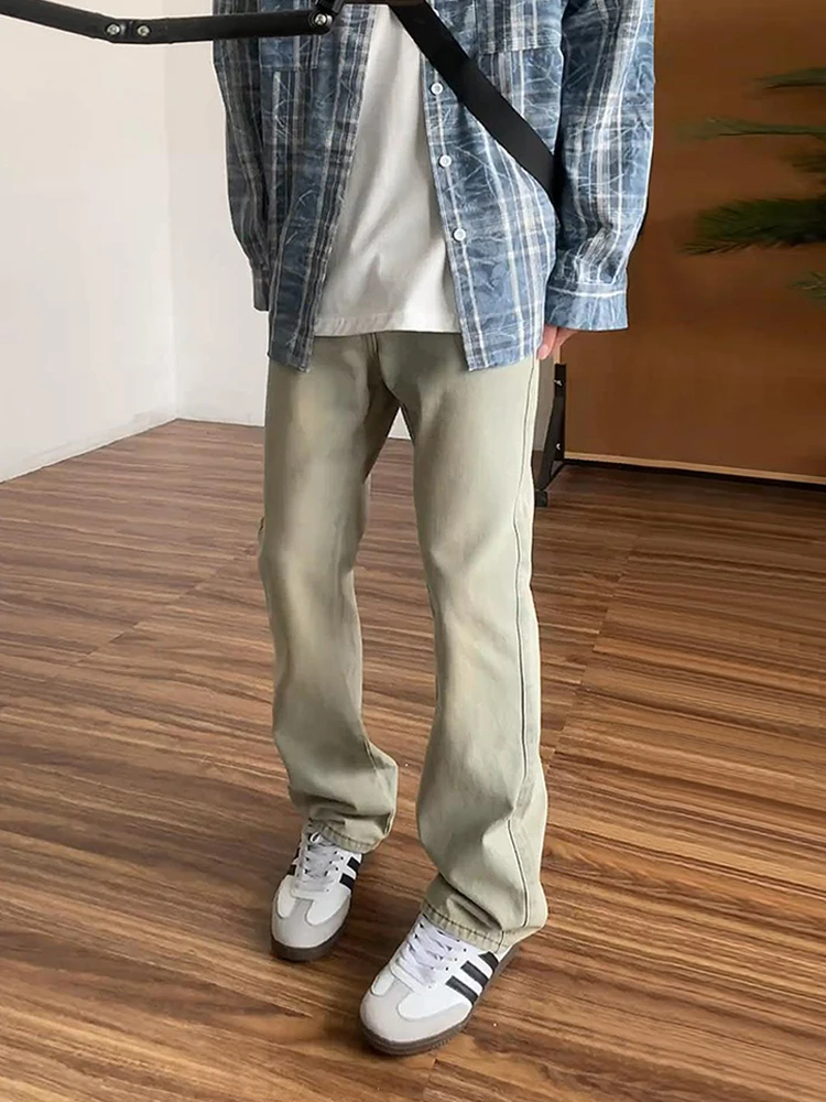 

Мужские джинсы в американском ретро-стиле, летние, модные, брендовые, с эффектом потертости, цвета желтой глины, прямого кроя, зауженные, с легким клешем