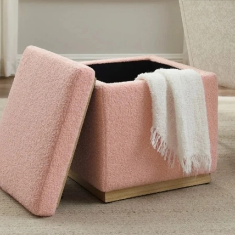 Storage Ottoman, Blush Sherpa Step Foot Stool Space Saving Furniture Bench