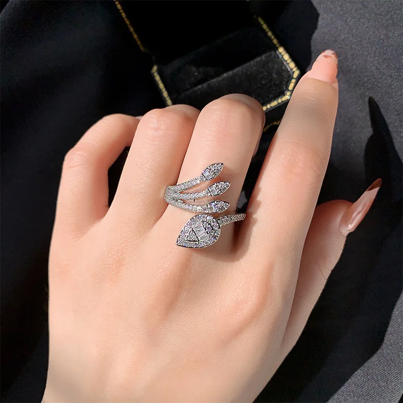 925 Silver Exquisite Full Diamond Drop Zircon Ring Women's Party Birthday Wedding Jewelry Gift Wholesale