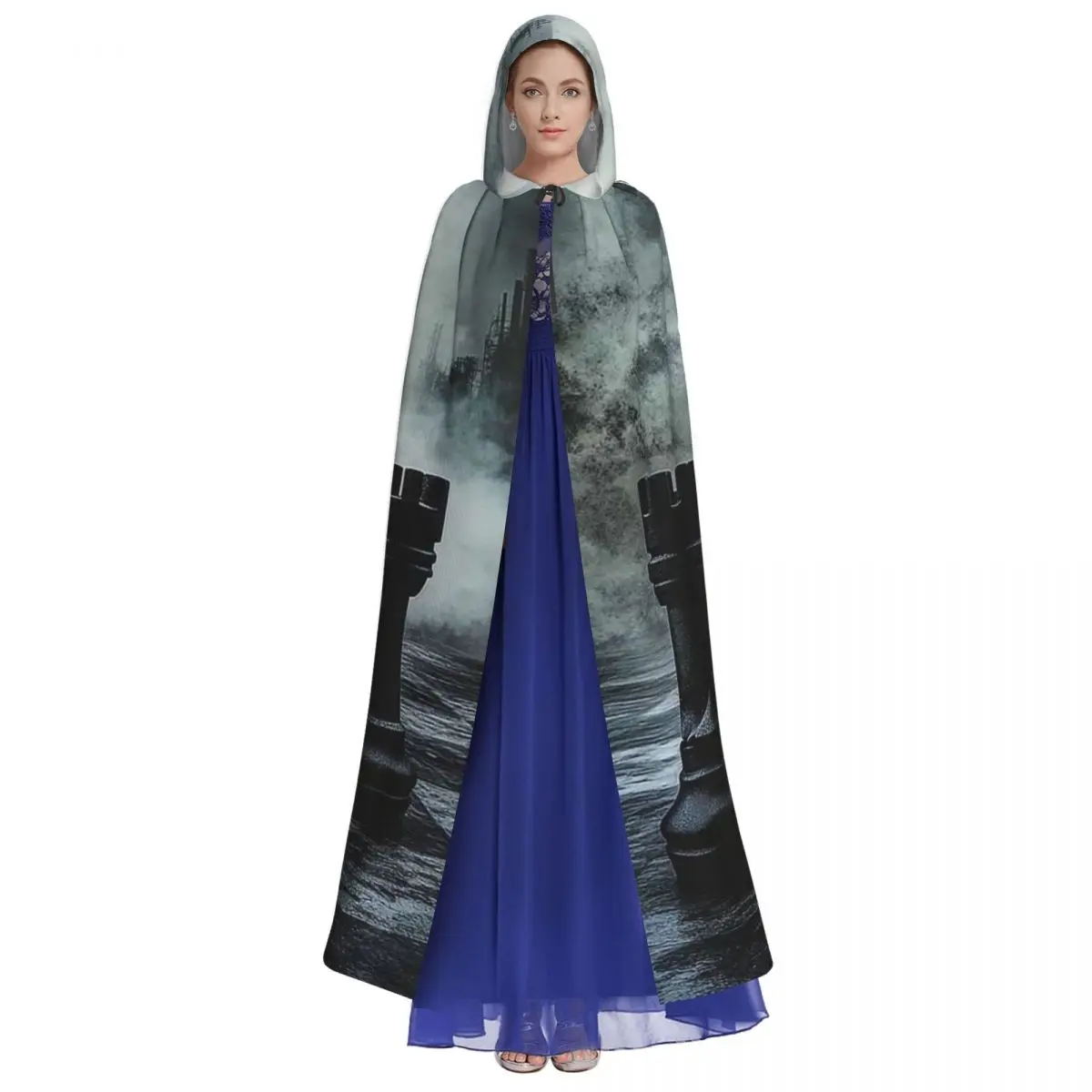 블랙 킹 체스 체스보드 롱 후드 망토 마녀 중세 의상 코스프레 케이프 할로윈 뱀파이어 성인 유니섹스