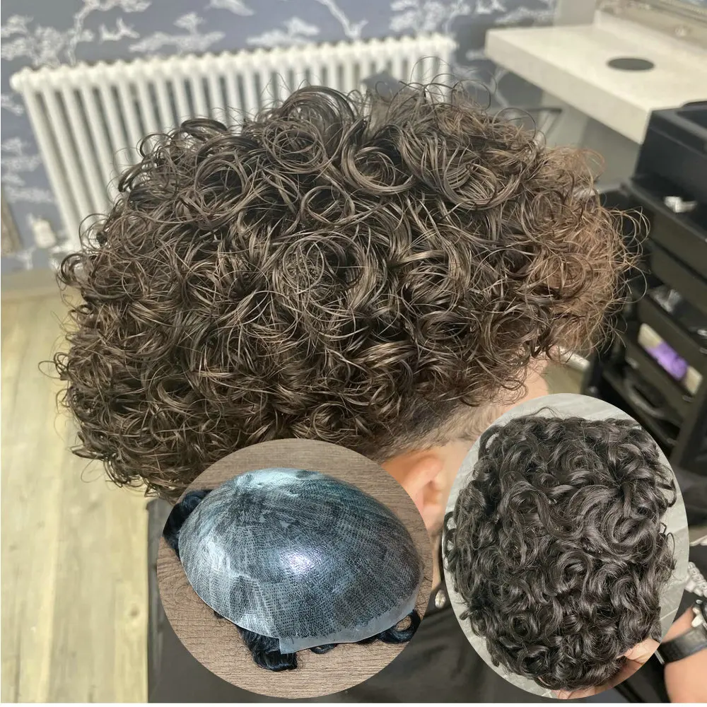 

Soft Undetectable Toupee Super Durable 20mm Curly Super Durable Thin Skin Full PU Men Toupee Human Hair Capillary Prosthesis